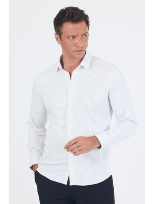 Beyaz Uzun Kol Sert Yaka Cepsiz Easy To Iron Slim Fit Esnek Gömlek 1004250230