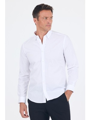 Beyaz Smart Biritli Yaka Cepsiz Bez Ayağı Uzun Kol Slim Fit %100 Pamuk Gömlek 1004250223