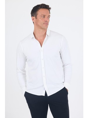 Beyaz Uzun Kol Düz Örme Polo Yaka Cepsiz Esnek Classic Slim Fit Gömlek 1004250153