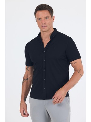Siyah Italyan Düğmeli Yaka Kısa Kol Cepsiz Slim Fit Gömlek 1004250255