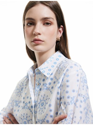 Pamuklu 3/4 Kol Klasik Yaka Etnik Desenli Uzun Poplin Gömlek