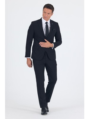 Siyah Düz Gabardin Kılıç Yaka 2 Düğme Pamuklu 6 Drop Slim Fit Basic Takım Elbise 1001250011_001
