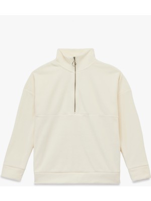 Oversize Uzun Kollu Yarım Fermuarlı Şardonlu Polar Sweatshirt
