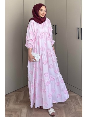 Vespera V Yaka Saçaklı Elbise 1589 - Pudra