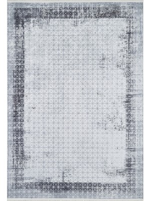 Ketta Gri Çerçeveli Etnik Modern Desenli Makinada Yıkanabilir Hav Toz Vermez Leke Tutmayan Kaymaz Taban Dijital Makine Baskı Salon Yolluk Mutfak Halı