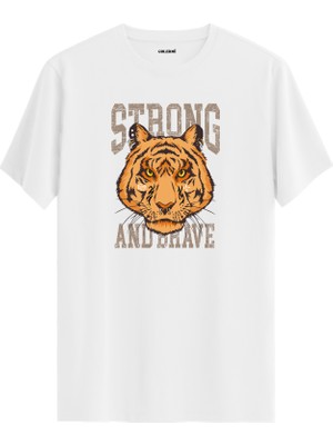 Kaplan Baskılı Strong And Brave Sokak Modası Rahat Günlük %100 Pamuk Tişört