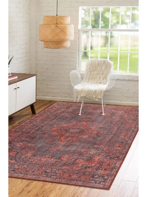 Bespoky 150x150 cm Kırmızı Kare Klasik Yıkanabilir Halı | Salon Yatak Odası Mutfak Halısı | Leke Tutmayan Kaymaz | FL16-KARE