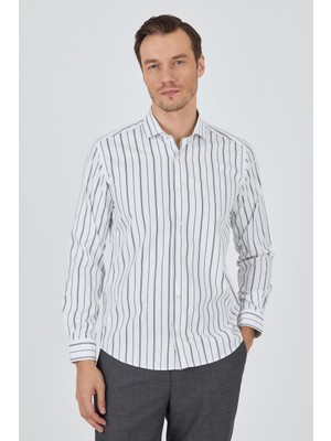 Beyaz-Mavi Uzun Kol Çizgili Desen Bez Ayağı Italyan Yaka Cepsiz Esnek Classic Slim Fit Gömlek 1004250203