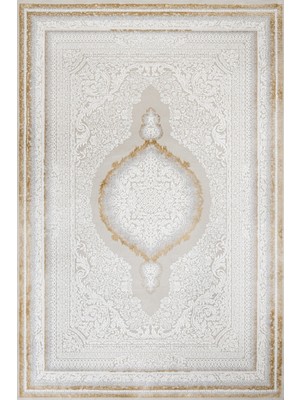 Hali.Net 80x150 cm Gold Krem Çiçekli Klasik Madalyonlu Halı | Salon Mutfak Halısı | Hav Vermez Leke Tutmaz | STN_FEEL-001S