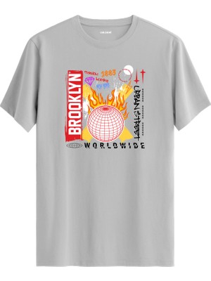 Brooklyn Retro Dünya ve Ateş Tasarımlı Sokak Modası %100 Pamuk Tişört
