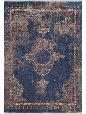 Hali.Net 80x150 cm Mavi Dijital Baskı Etnik Patchwork Halı | Mutfak Balkon Salon Halısı | Hav Vermez Hipoalerjenik | HALN-HLN1905