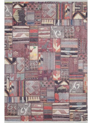 Hali.Net 120x300 cm Bordo Dijital Baskı Etnik Patchwork Halı | Salon Yatak Odası Halısı | Hav Vermez Hipoalerjenik | HALN-HLN1960