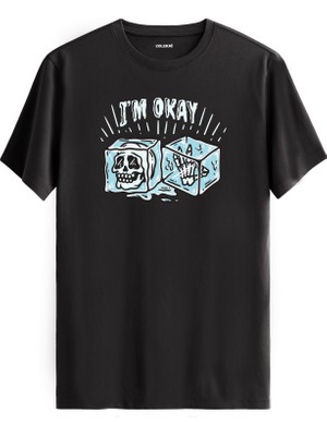 I’m Okay Yazılı Buz Küpü Kafatası Tasarım %100 Pamuk Tişört