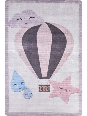 Hali.Net 120x120 cm Gri Açık Gri Sıcak Hava Balonu Çocuk Figürlü Halı | Salon Yatak Odası Halısı | Hav Vermez Hipoalerjenik | HLNC038-KARE