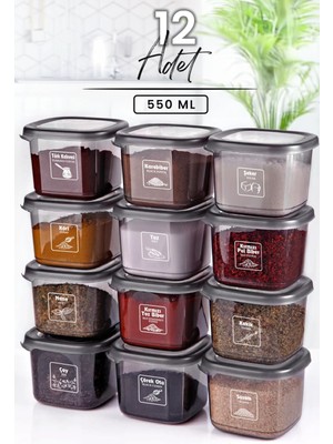 Kitchen Life 12 Adet Antrasit Etiketli Baharatlık Seti -550 ml - 12 li Baharat Takımı Seti