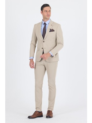 Bej Mono Yaka Yarım Astar 6 Drop Slim Fit   Beli Lastikli Takım Elbise 1001250121