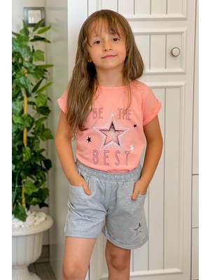 Breeze Kız Çocuk Şortlu Takım Yıldız Baskılı Beli Lastikli 5-10 Yaş, Somon