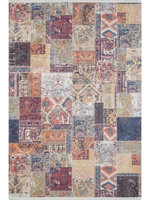 Hali.Net 120x180 cm Bordo Çok Renkli Geleneksel Bohem Patchwork Halı | Salon Yatak Odası Halısı | Hav Vermez Hipoalerjenik | HALN-HLN1963