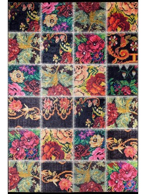 Hali.Net 120x200 cm Siyah Kırmızı Çiçekli Bohem Patchwork Halı | Salon Yatak Odası Halısı | Hav Vermez Hipoalerjenik | HALN-HLN298