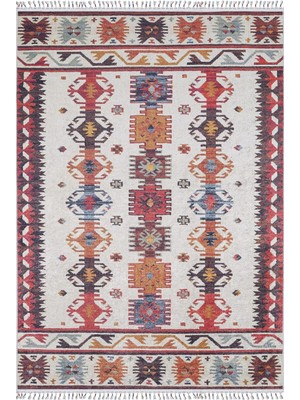 Hali.Net 80x150 cm Kırmızı Krem Geometrik Bohem Etnik Halı | Salon Mutfak Halısı | Hav Vermez Hipoalerjenik | HALN-HLN5000