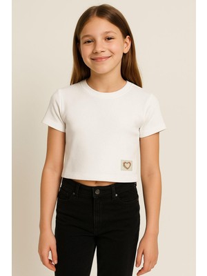 Breeze Kız Çocuk Tişört Kalp Armalı 9-14 Yaş, Ekru