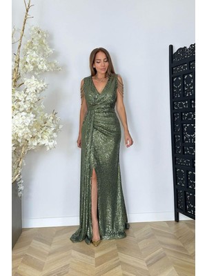 G1516 Kol Detaylı Payet Maksi Abiye Elbise Haki