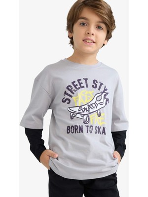 DeFacto Erkek Çocuk Oversize Geniş Kalıp Bisiklet Yaka Baskılı Uzun Kollu Tişört E9590A825AU