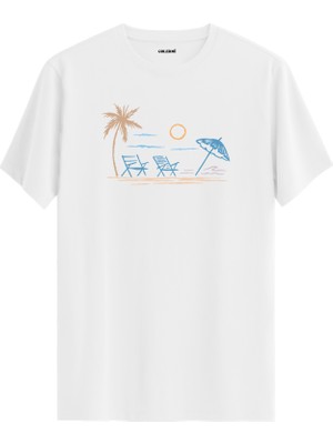 Palmiye Plaj Baskılı Yazlık Günlük Rahat Sokak Modası %100 Pamuk Tişört