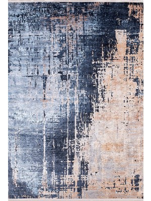 Saransk Mavi Modern Etnik Desenli Makinada Yıkanabilir Hav Toz Vermez Leke Tutmayan Kaymaz Taban Dijital Makine Baskı Salon Yolluk Mutfak Halı