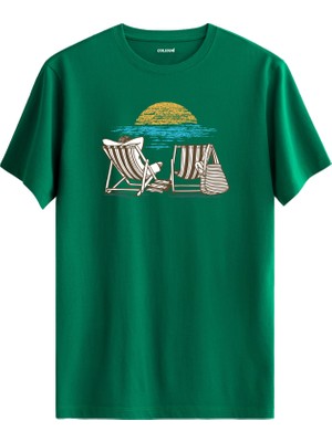 Plaj Sandalyesi Gün Batımı Baskılı Günlük Rahat Tarz %100 Pamuk Tişört