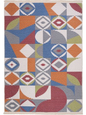 Bespoky 80x150 cm Mavi Çok renkli Geometrik Modern Geometrik şekiller Yıkanabilir Halı | Yatak Odası Mutfak Halısı | Leke Tutmayan, Kaymaz | ETNİK-2419