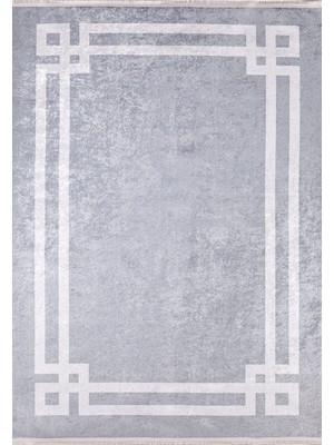 Cerkessk Gri Çerçeveli Etnik Modern Desenli Makinada Yıkanabilir Hav Toz Vermez Leke Tutmayan Kaymaz Taban Dijital Makine Baskı Salon Yolluk Mutfak Halı