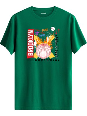 Brooklyn Retro Dünya ve Ateş Tasarımlı Sokak Modası %100 Pamuk Tişört