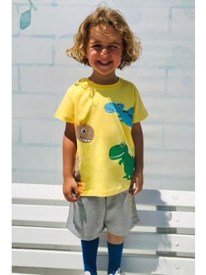Breeze Erkek Çocuk Şortlu Takım Sevimli Dinozor Arkadaşlar Baskılı 1.5-5 Yaş, Sarı