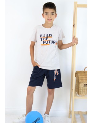 Breeze Erkek Çocuk Şortlu Takım Yazı Baskılı Cepli 8-14 Yaş, Bej Melanj