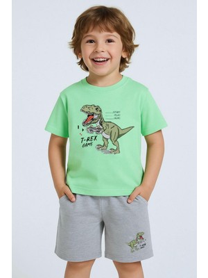 Breeze Erkek Çocuk Şortlu Takım Konsol Kralı Oyuncu Dinozor Baskılı 2-6 Yaş, Su Yeşili