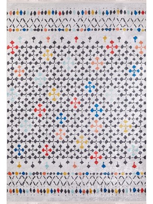 Bespoky 120x180 cm Beyaz Açık gri Geometrik Modern Soyut kareler ve çiçeksi şekiller Yıkanabilir Halı | Yatak Odası Çocuk Odası Halısı | Leke Tutmayan, Kaymaz | HALN-HLN1149