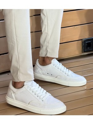 Pabucmarketi Keten Bağcıklı Erkek Günlük Ayakkabı Beyaz