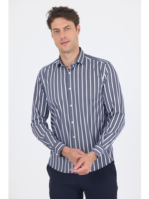 İmza Lacivert Uzun Kol Yarım İtalyan Yaka Cepsiz Easy To Iron Slim Fit Esnek Gömlek 1004250228