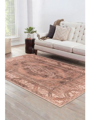 Bespoky 150x150 cm Kahverengi Kare Klasik Yıkanabilir Halı | Salon Yatak Odası Mutfak Halısı | Leke Tutmayan Kaymaz | FL19-KARE