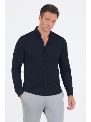 Siyah Italyan Düğmeli Yaka Uzunkol Cepsiz Slim Fit Gömlek 1004250254