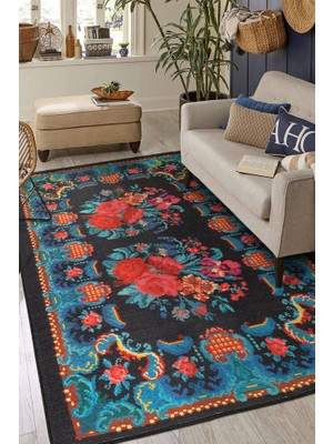 Bespoky 150x230 cm Mavi Dikdörtgen Modern Etnik Yıkanabilir Halı | Salon Yatak Odası Mutfak Halısı | Leke Tutmayan Kaymaz | FL23-DİKDÖRTGEN