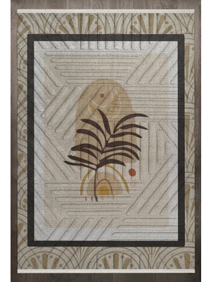 Çerçeveli Gri Pamuk Kare Modern Desenli Pamuk Makinada Yıkanabilir Hav Toz Vermez Leke Tutmayan Kaymaz Taban Dijital Makine Baskı Salon Yolluk Mutfak Halı