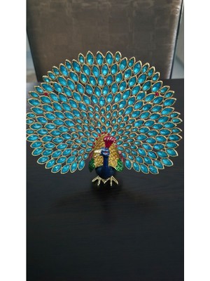 Lüks Zarif Zirkon Taşlı ve Mıknatıs Kapaklı Metal Tavus Kuşu Dekoratif Obje ve Biblo