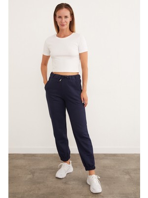 FullaModa Kadın Jogger Eşofman Altı %65 Pamuk Düz Kalıp Beli Bağlamalı Tasarım