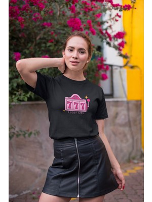 Koi Art Design 777 Hey Lucky Girl Baskılı/ Kadın Çok Renkli T-Shirt % 100 Pamuk