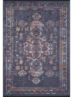 Bespoky 80x150 cm Antrasit Etnik Etnik Modern Geometrik Yıkanabilir Halı | Yatak Odası Mutfak Halısı | Leke Tutmayan, Kaymaz | HALN-HLN1895