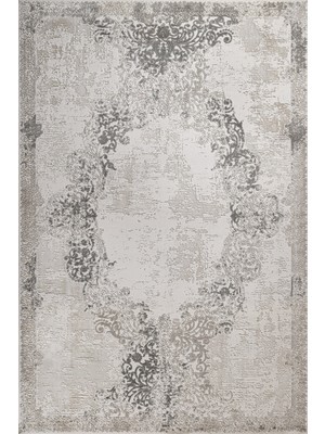 Bespoky 80x150 cm Krem Açık Gri Medalyonlu Modern Klasik Bitkisel Yıkanabilir Halı | Yatak Odası Mutfak Halısı | Leke Tutmayan, Kaymaz | KRM_TRUVA-8355