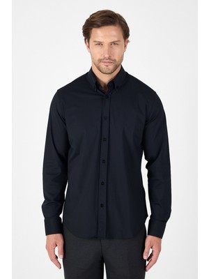 Siyah Uzun Kol Düğmeli Yaka Cepsiz Performans Ürün Slim Fit  Gömlek 1004250270