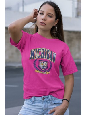 Koi Art Design Mıchıgan 1817 Baskılı / Kadın Çok Renkli T-Shirt %100 Pamuk Regular Fıt Rahat Kalıp